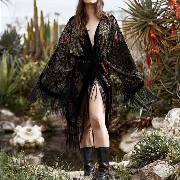 Black guilded cage fringe boho robe duster velvet - Picture 2 of 7